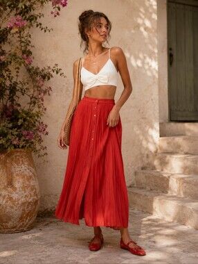Maeve ANTHROPOLOGIE Maxi Skirt Size XL Red Pleated‎ Women's Button Front